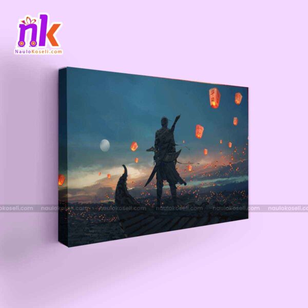 Anime Warrior with Sky Lamp Illustration Framed Canvas