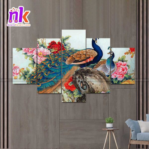 Five-Panel-Canvas-Art-Peacock-And-Floral-Background