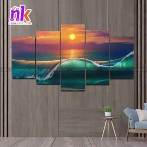 Five Panel Canvas of Beautiful Sunset View with Sea Wave