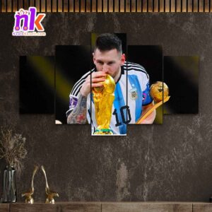 Five Panel Canvas of Messi Kissing World Cup Trophy