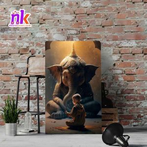 Baby monk with Elephant Wooden Framed Canvas Design