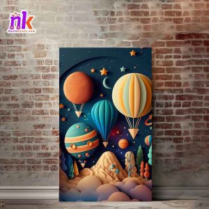 Hot Air Balloon Illustrate Wooden Framed Canvas Design